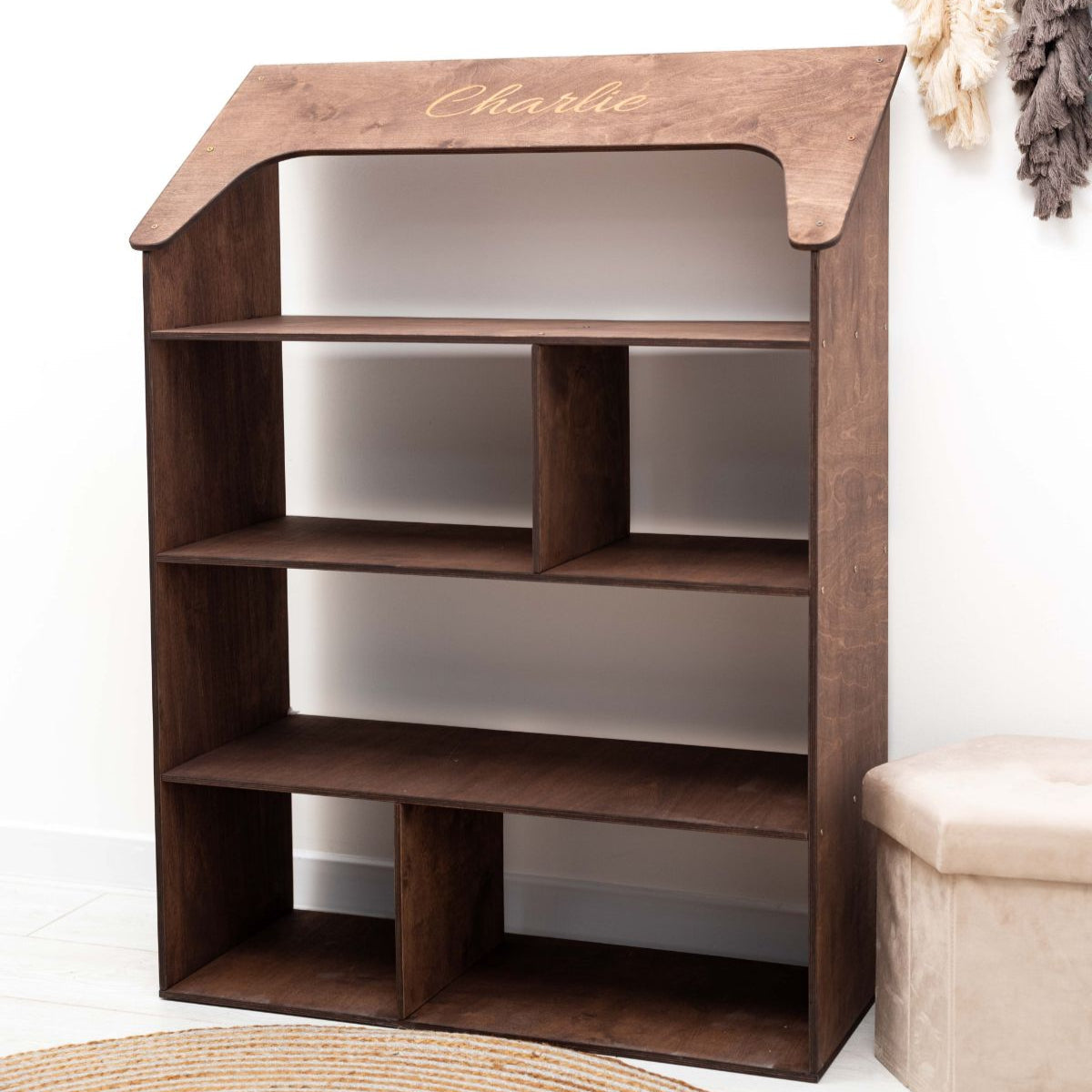 doll house bookcase in dark walnut color