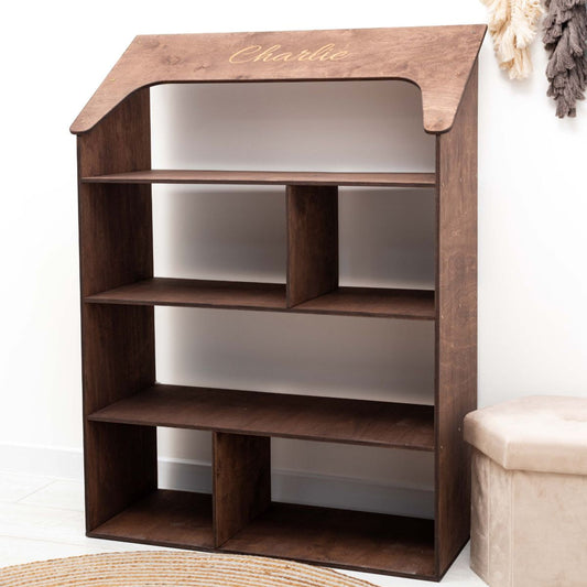 doll house bookcase in dark walnut color