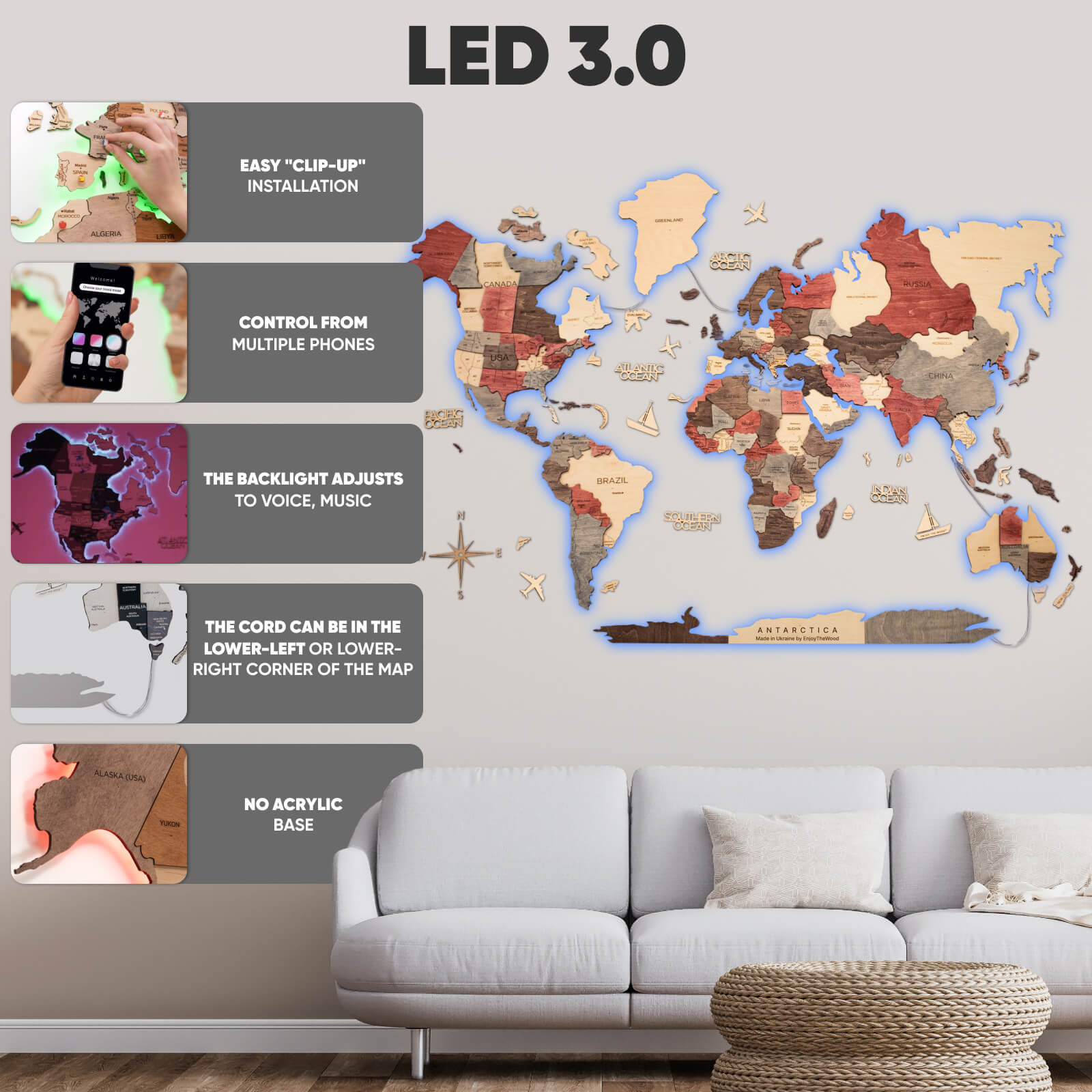 3D LED Wooden World Map 3.0 Fusion