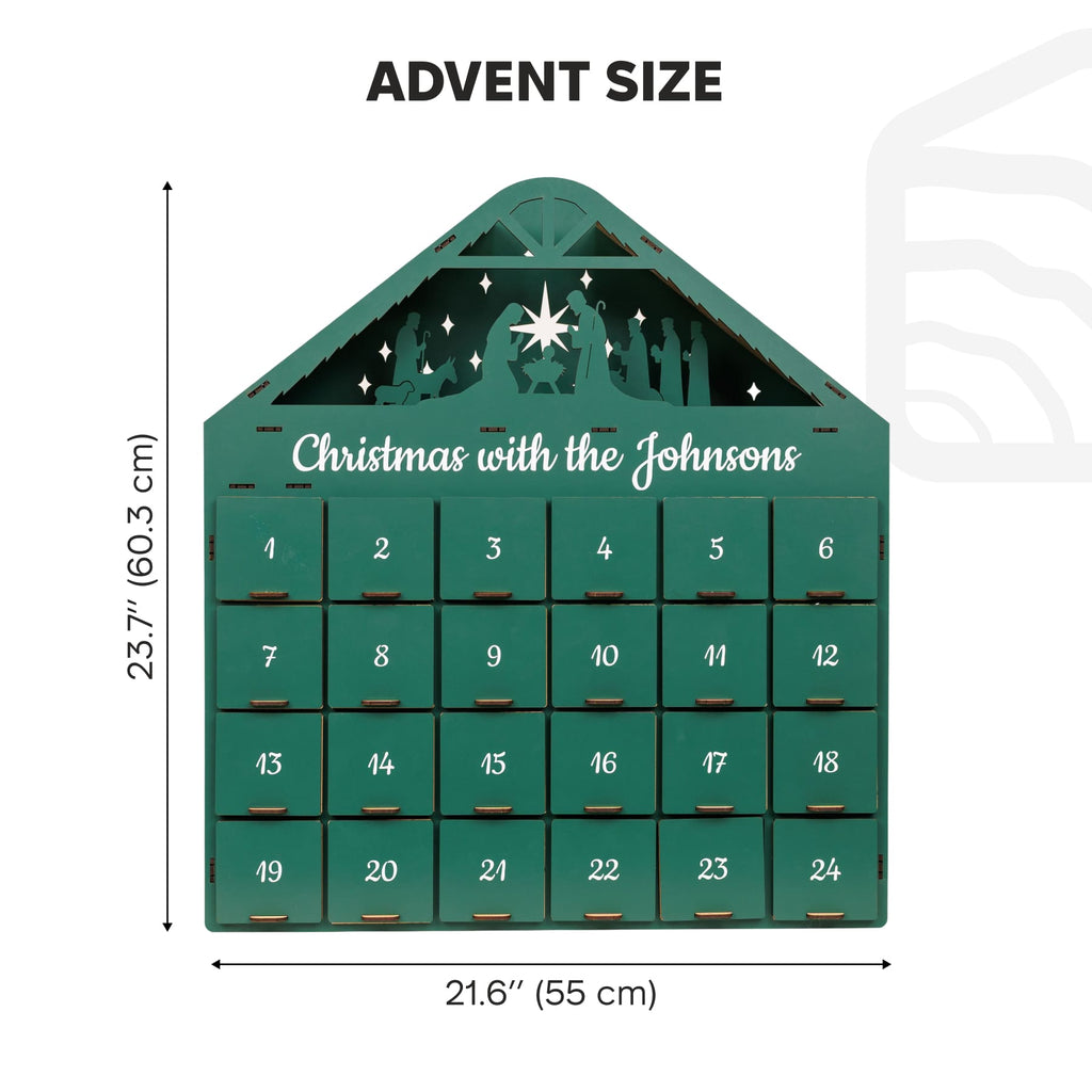 Green Advent calendar with 'Christmas with the Johnsons' text and measurements on a white background