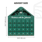 Green Advent calendar with 'Christmas with the Johnsons' text and measurements on a white background