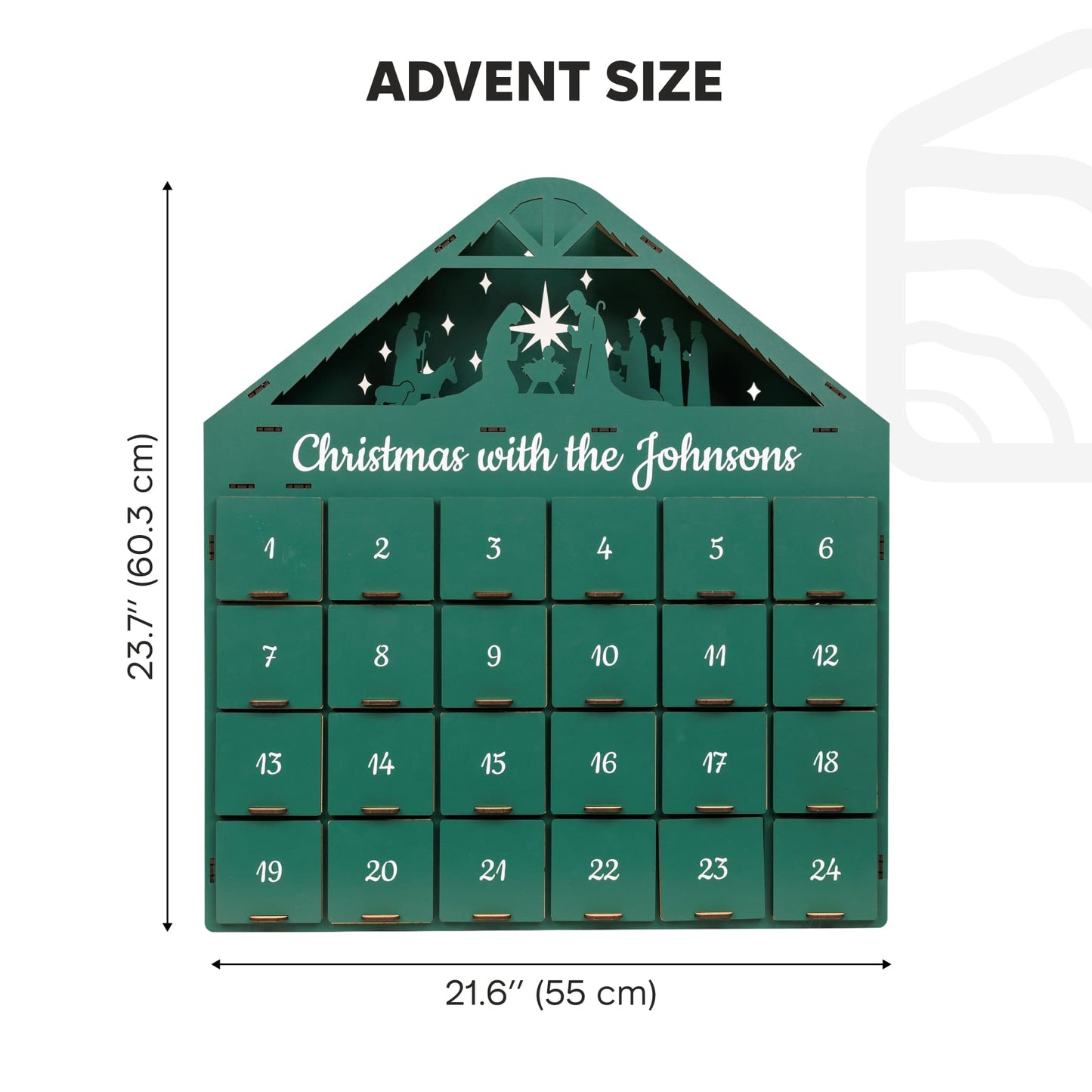 Green Advent calendar with 'Christmas with the Johnsons' text and measurements on a white background