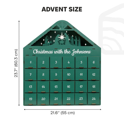 Green Advent calendar with 'Christmas with the Johnsons' text and measurements on a white background