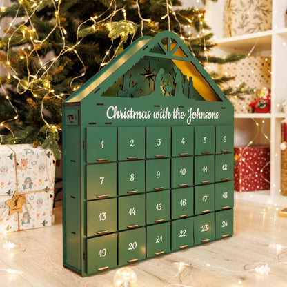 Green Advent calendar with 'Christmas with the Johnsons' text, surrounded by Christmas decorations.