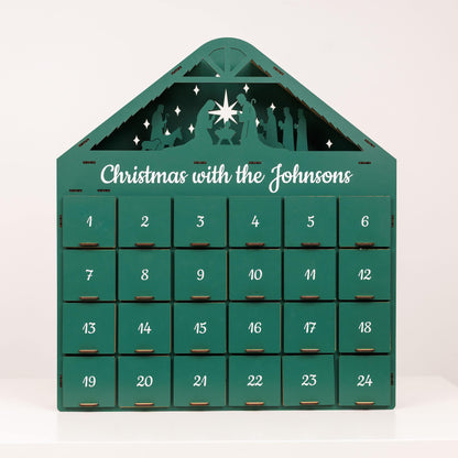 Green advent calendar with 'Christmas with the Johnsons' text on a white background