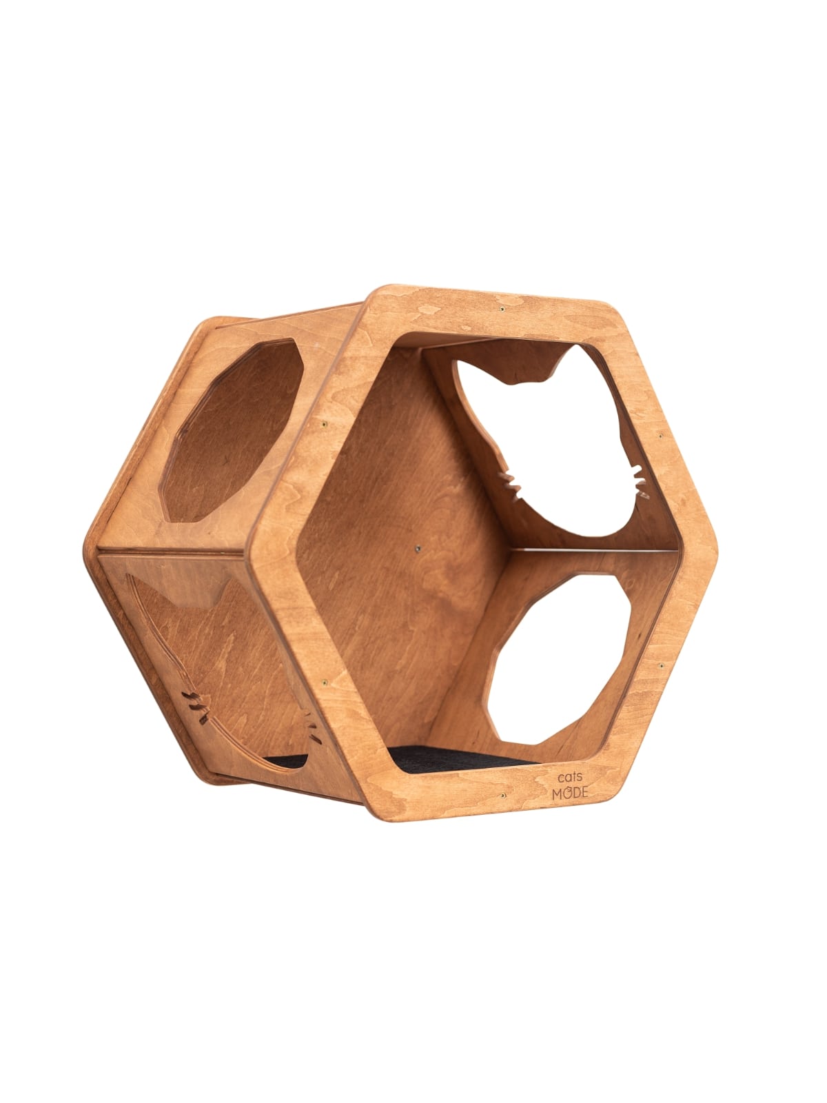 cat hexagon shelf made from natural wood