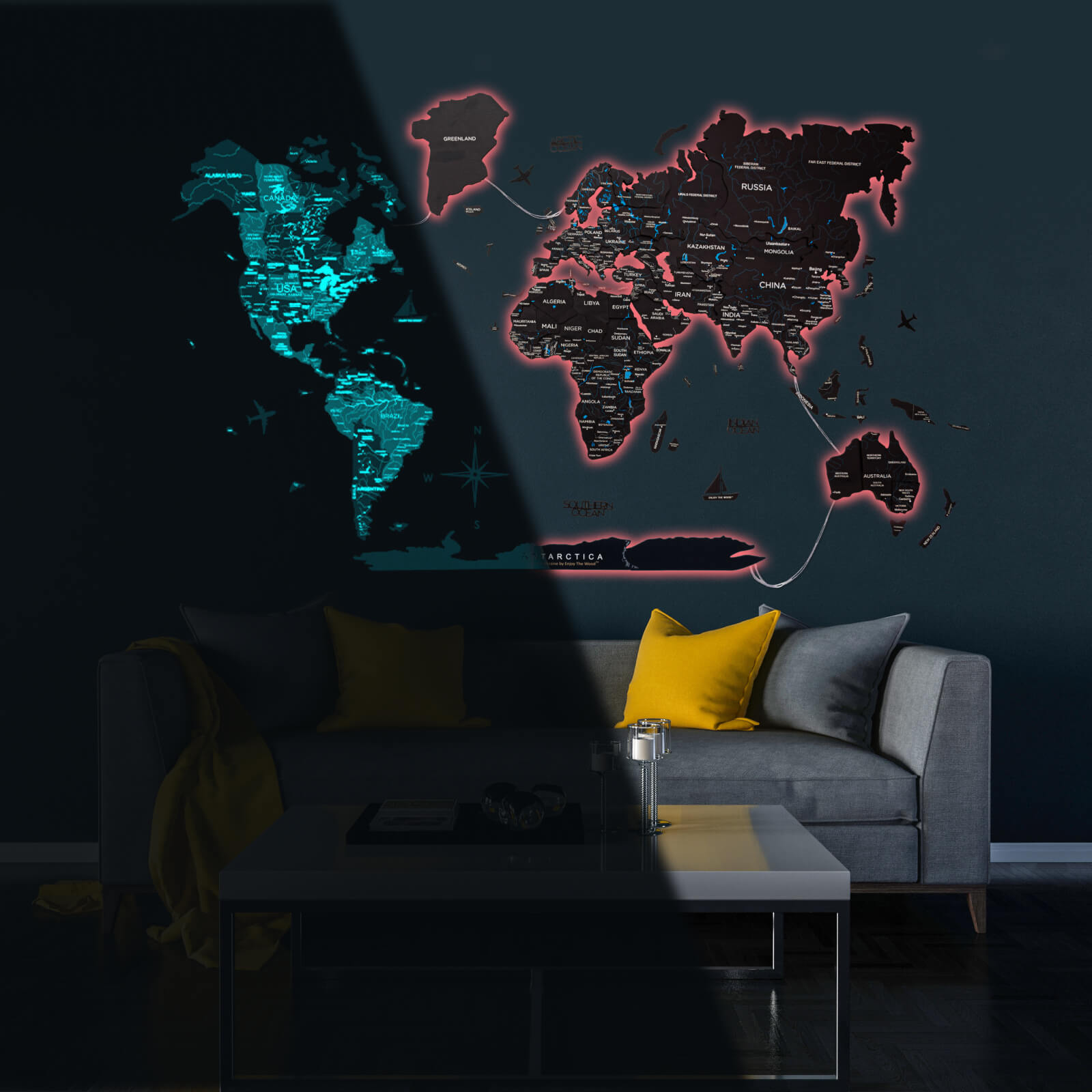 3D LED / LUMINOUS Wooden World Map 3.0 Midnight