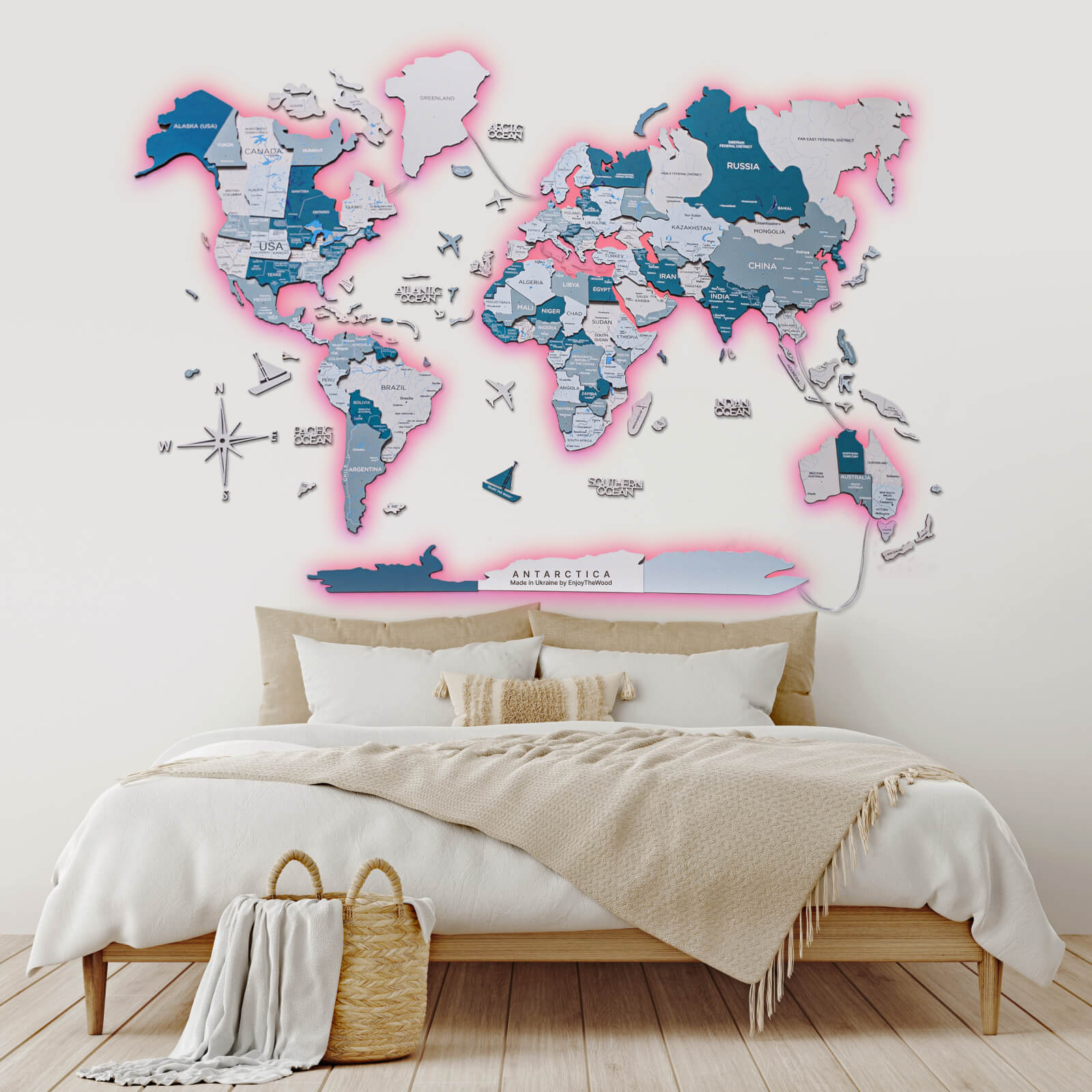 3D LED / LUMINOUS Wooden World Map 3.0 Aqua