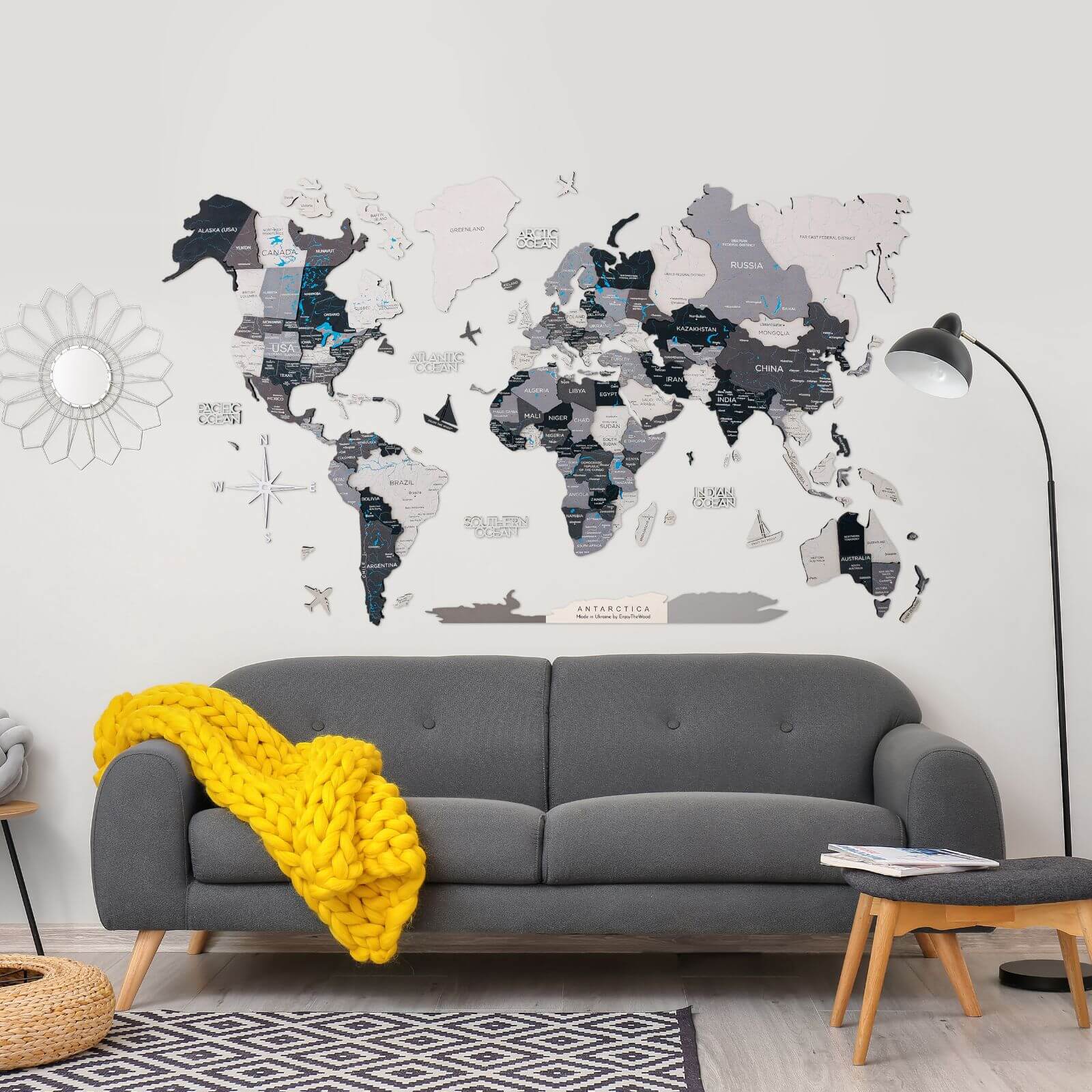 luminous colored wooden world map