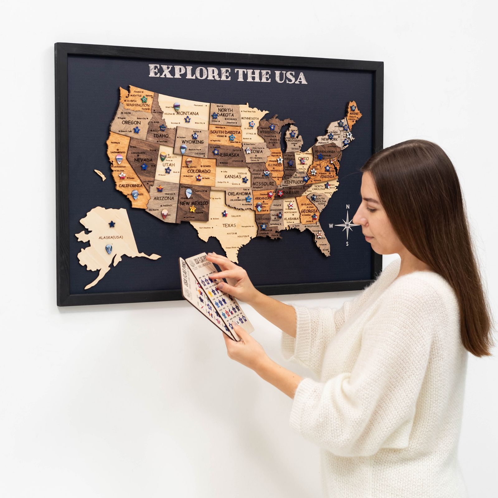 3D Wooden USA Map on Board Multicolor