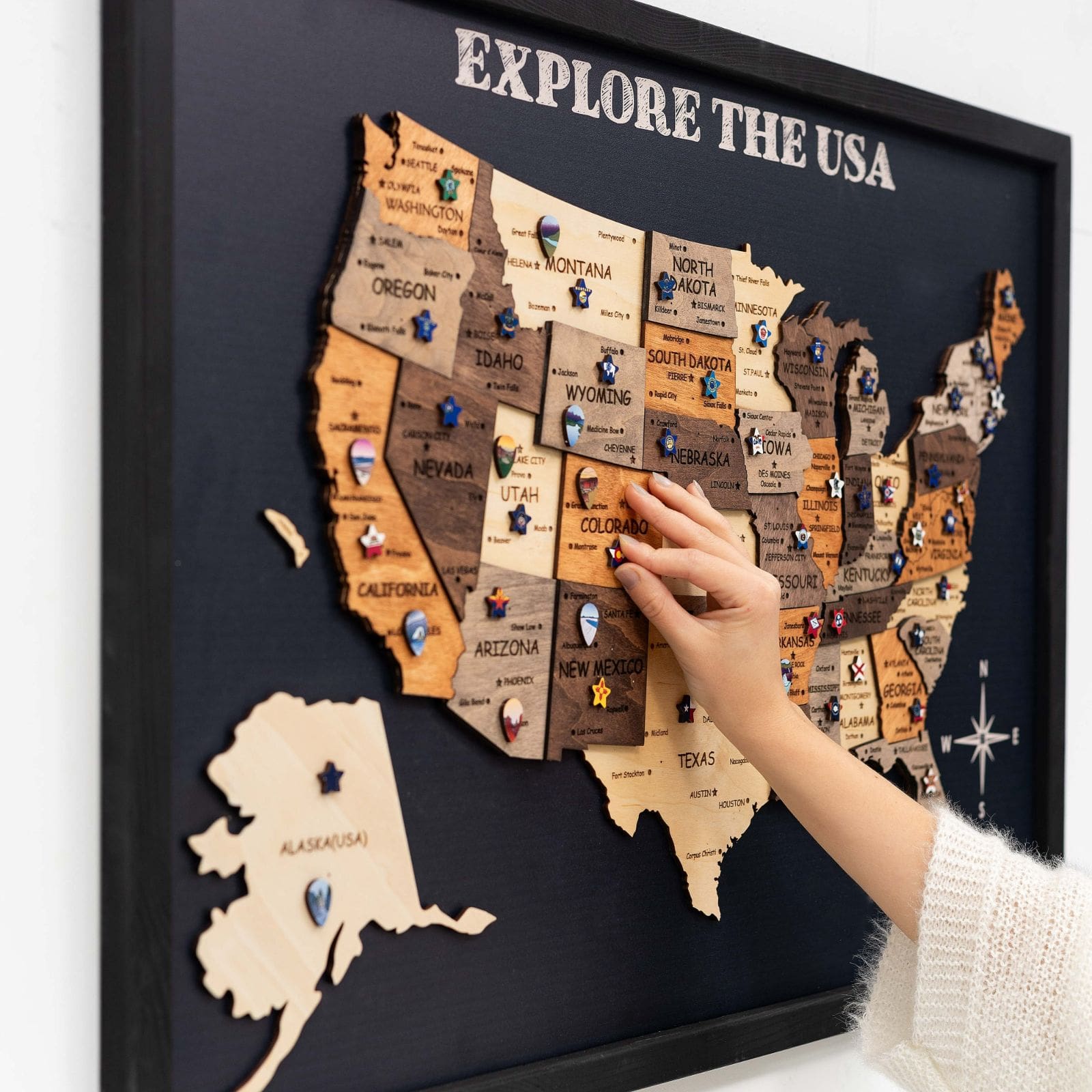 3D Wooden USA Map on Board Multicolor