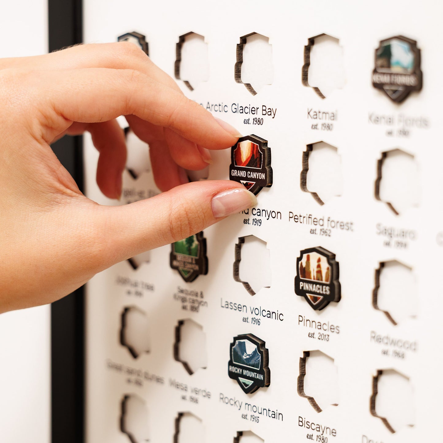 Hand interacting with a display of National Park pins
