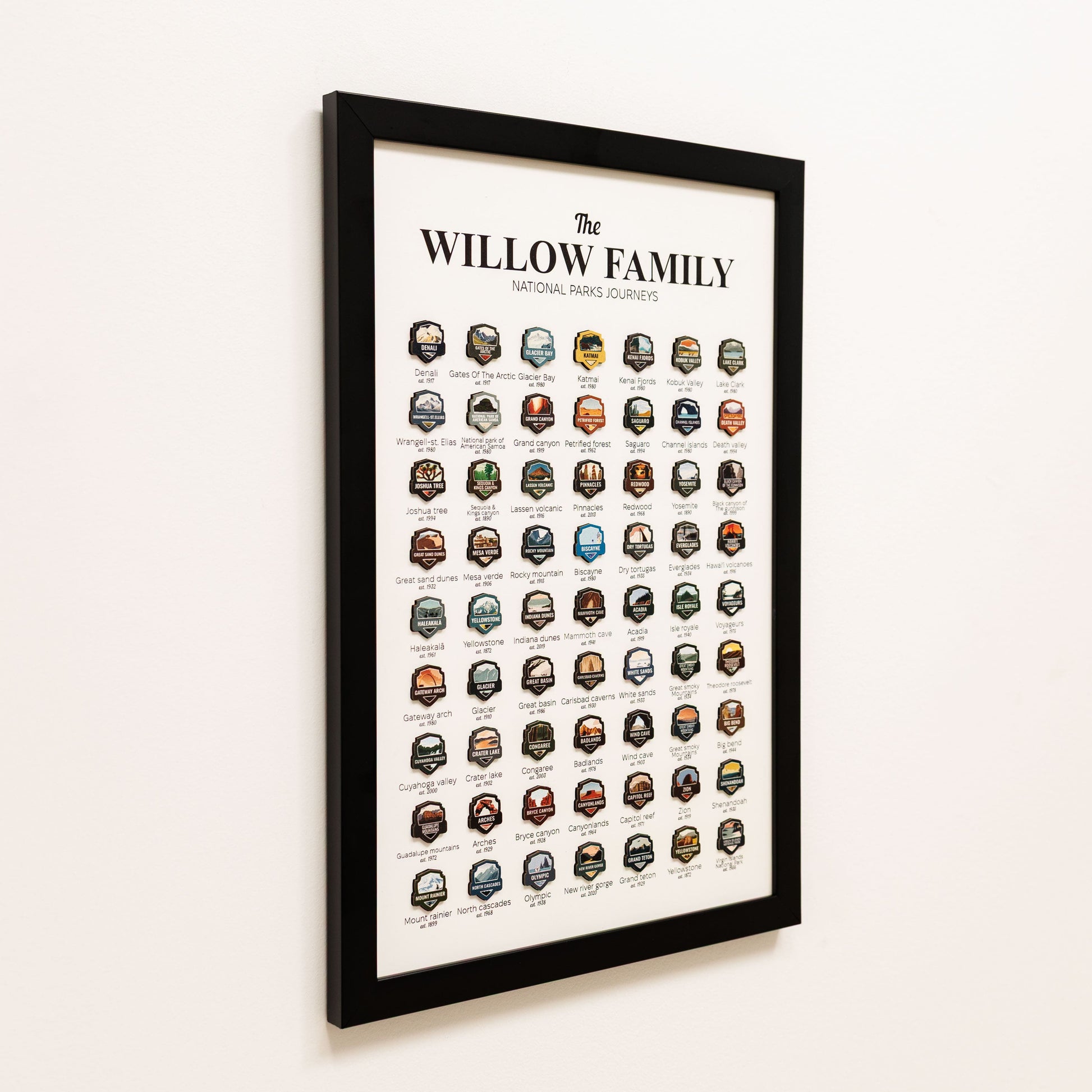 Framed poster with 'The Willow Family' and list of national parks on a white wall.