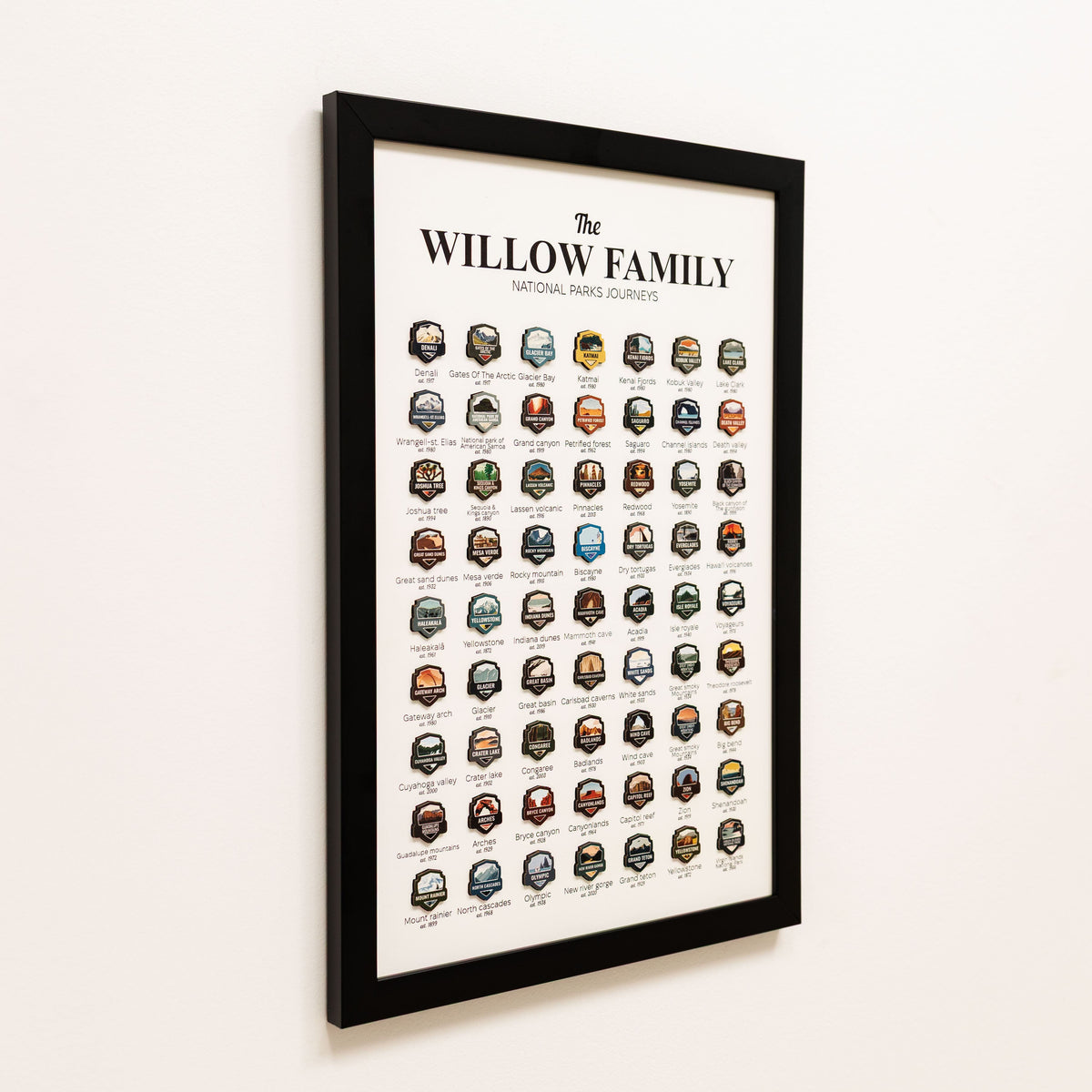 Framed poster with 'The Willow Family' and list of national parks on a white wall.
