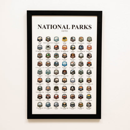 Framed poster of national parks visited with various badge-like icons on a white background.