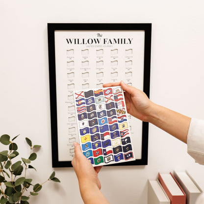 Framed family crest chart with a hand holding a colorful flag sheet on a white surface.