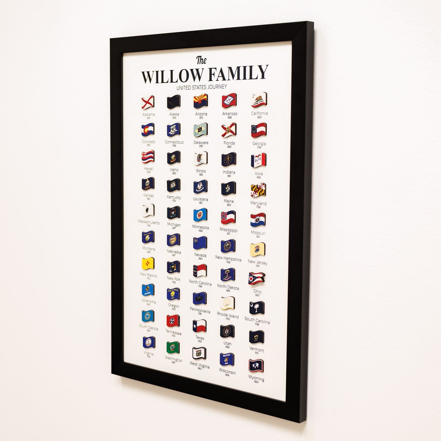 Framed print titled 'The Willow Family' with various flags on a white background