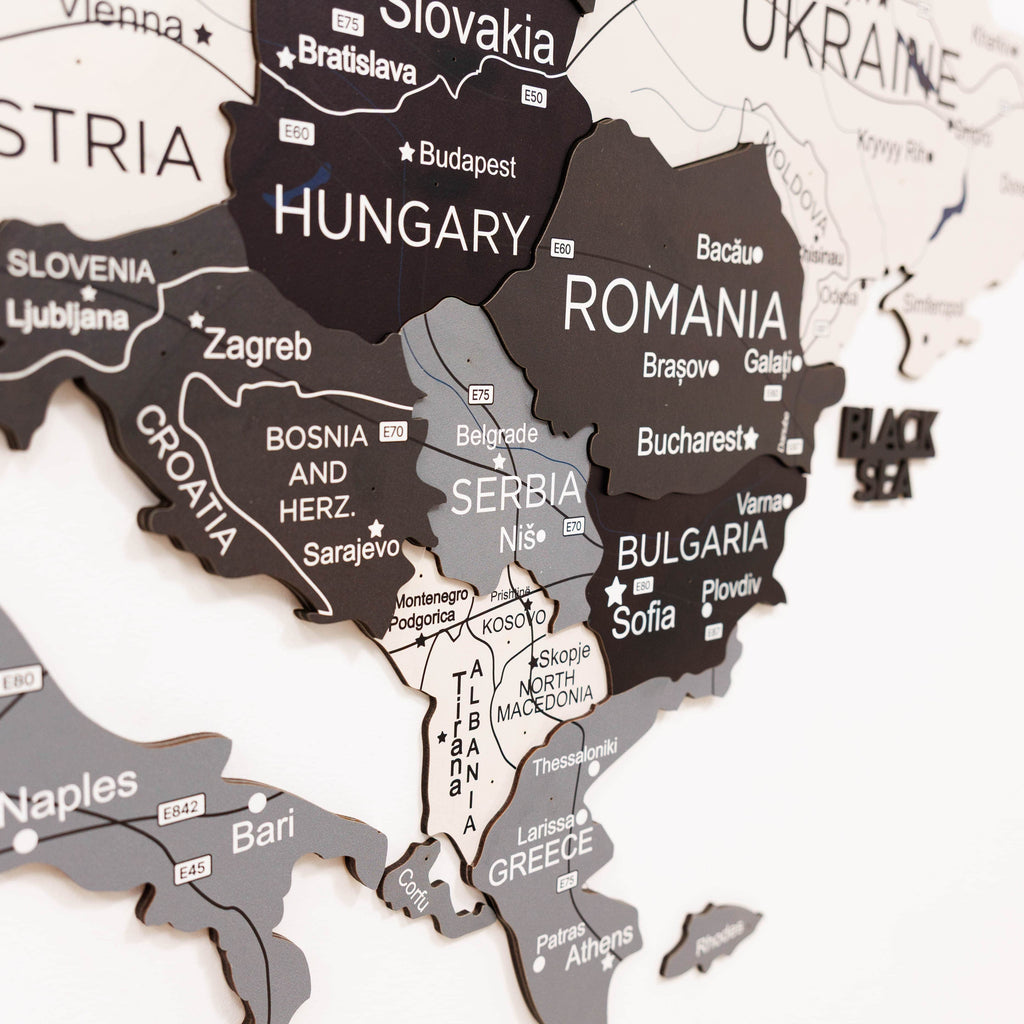 Map of Europe with countries labeled in black and gray on a white background