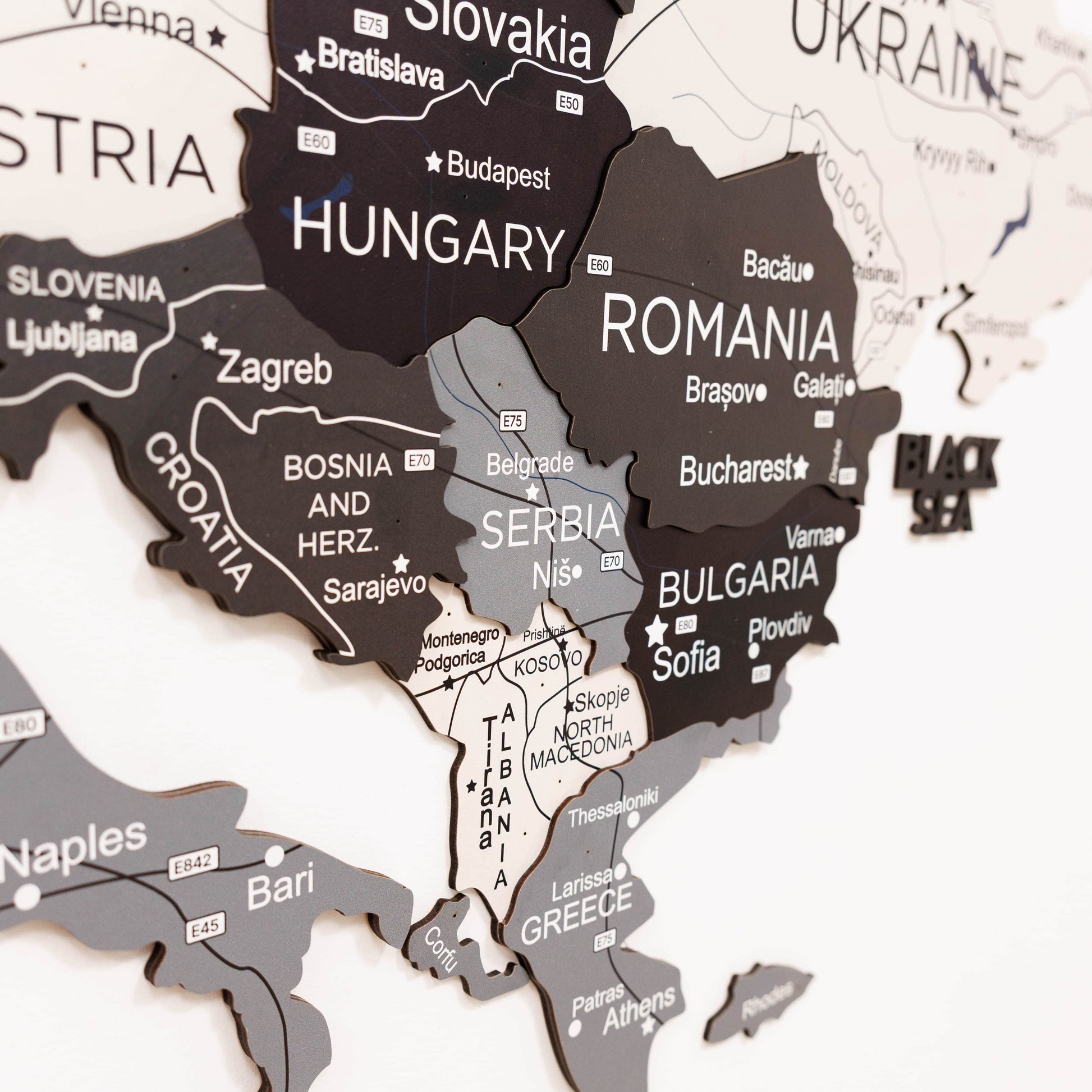 Map of Europe with countries labeled in black and gray on a white background