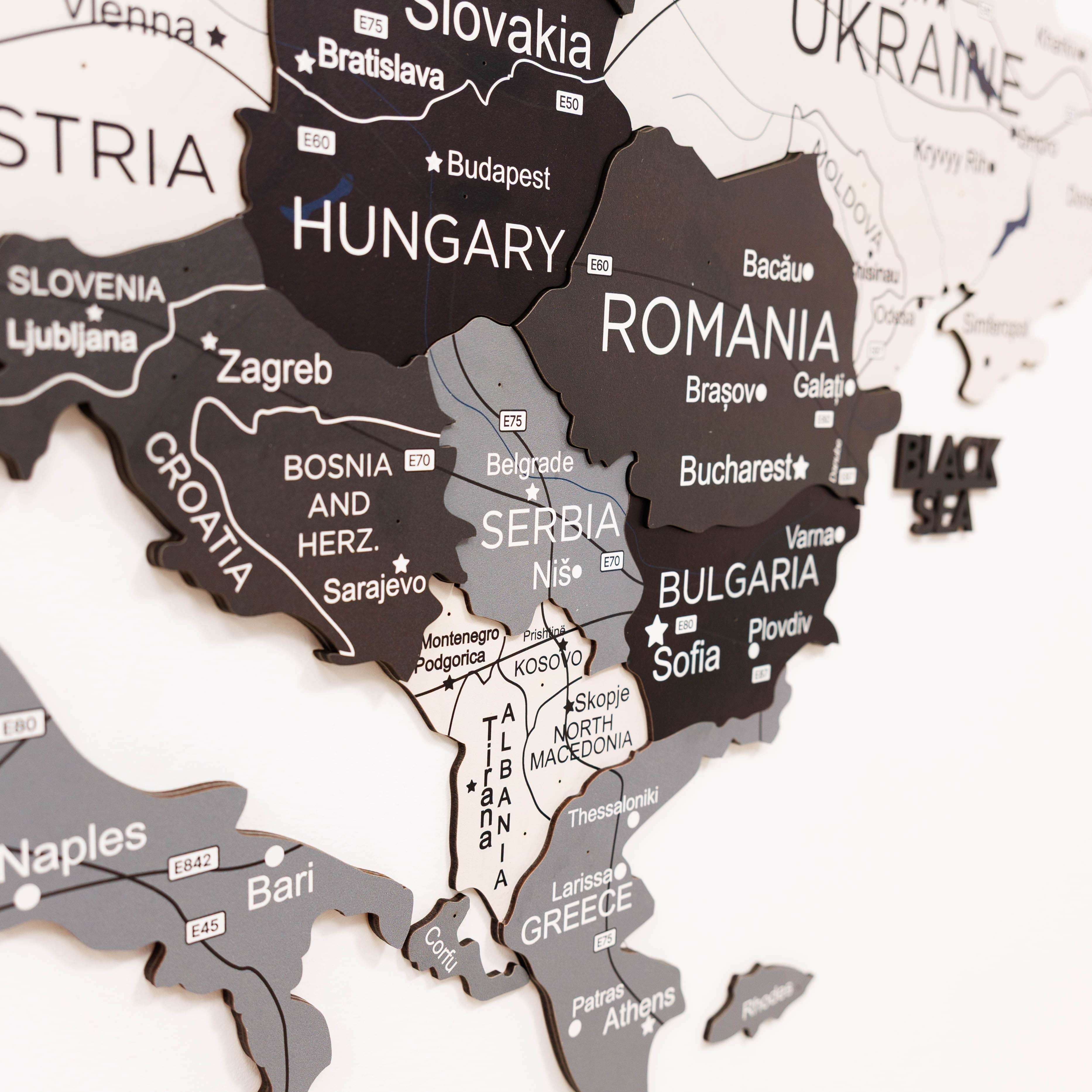 Map of Europe with countries labeled in black and gray on a white background