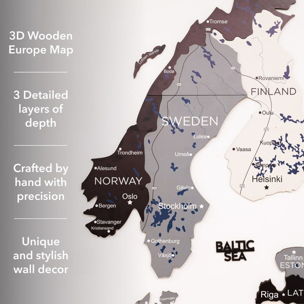 3D wooden Europe map with detailed layers of depth, crafted by hand.