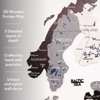 3D wooden Europe map with detailed layers of depth, crafted by hand.