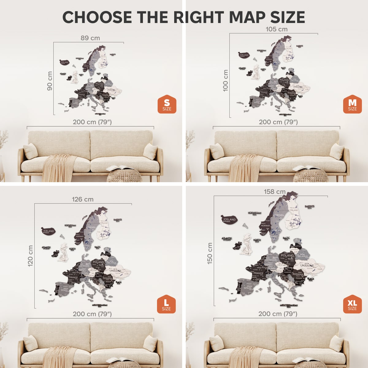 Comparison of world map wall decal sizes on a sofa with measurements.