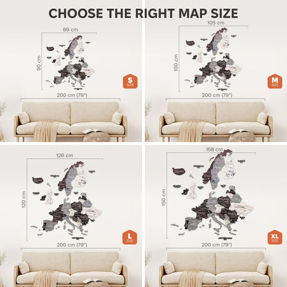 Comparison of world map wall decal sizes on a sofa with measurements.