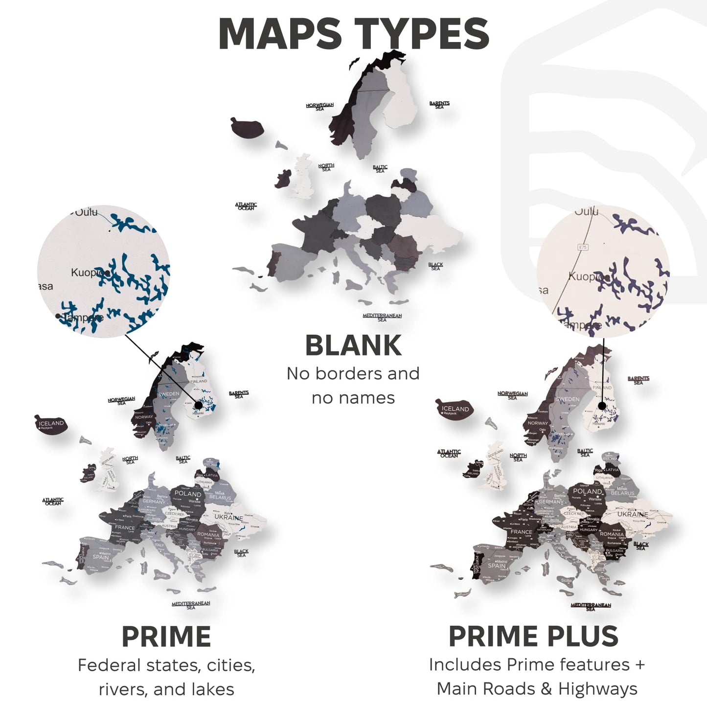 Comparison of different map types with labels on a white background