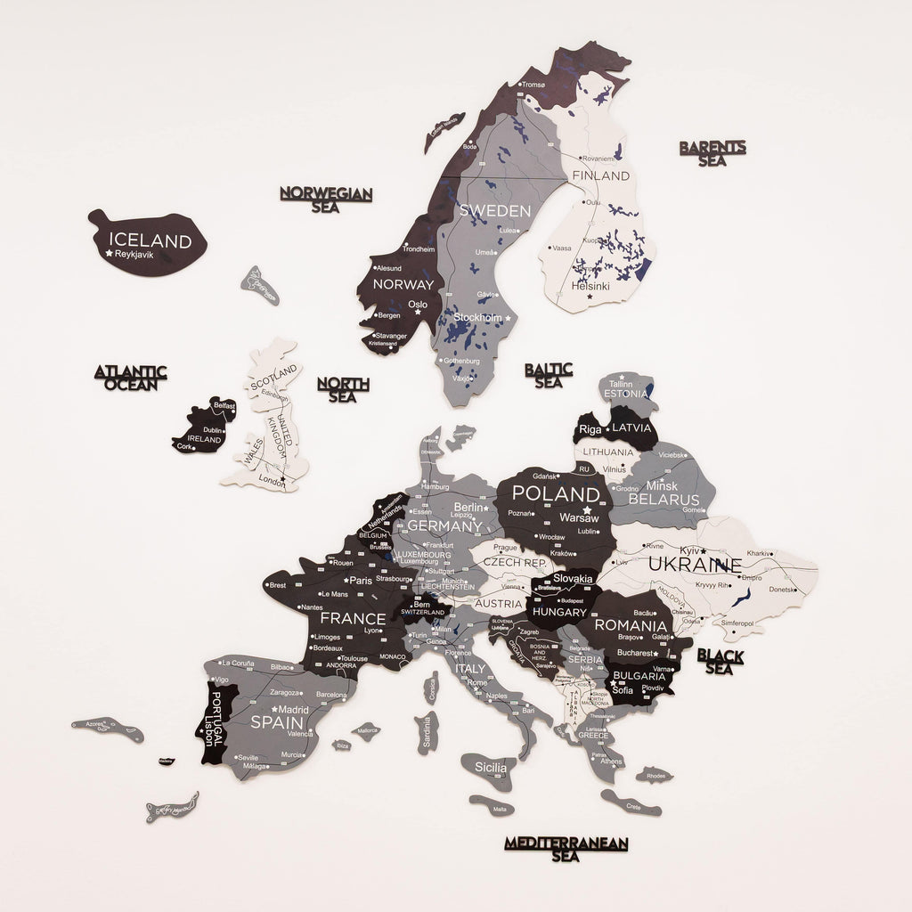 Map of Europe with country names and neighboring seas on a white background