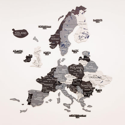Map of Europe with country names and neighboring seas on a white background