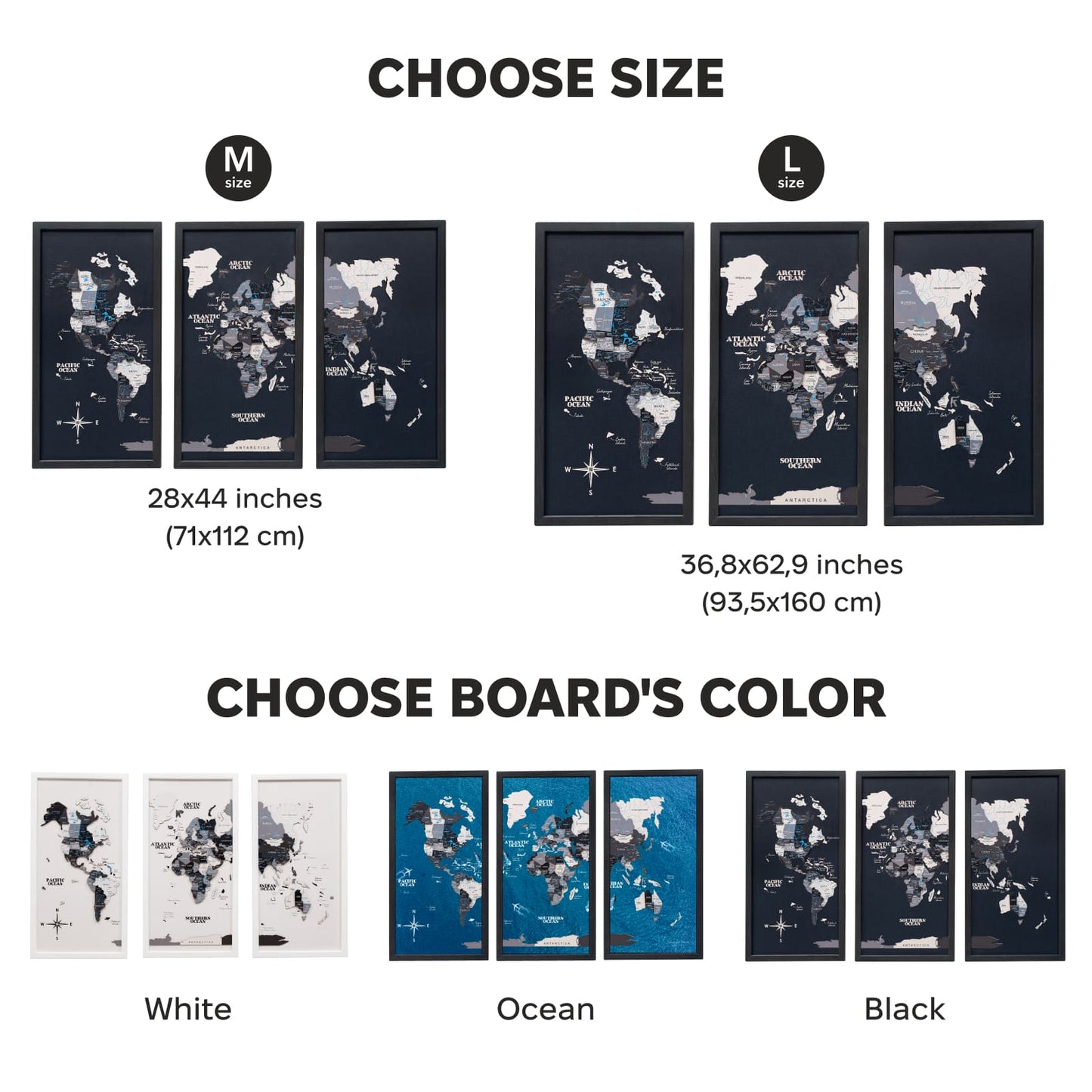 Map board size and color selection options with world map designs.
