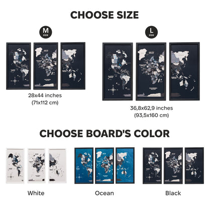 Map board size and color selection options with world map designs.