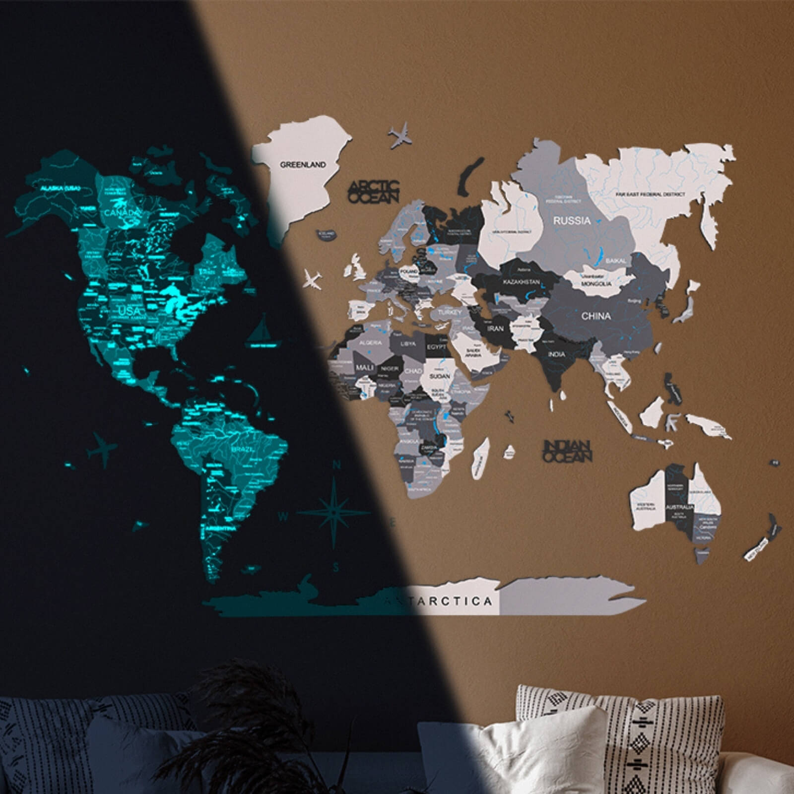 luminous colored wooden world map