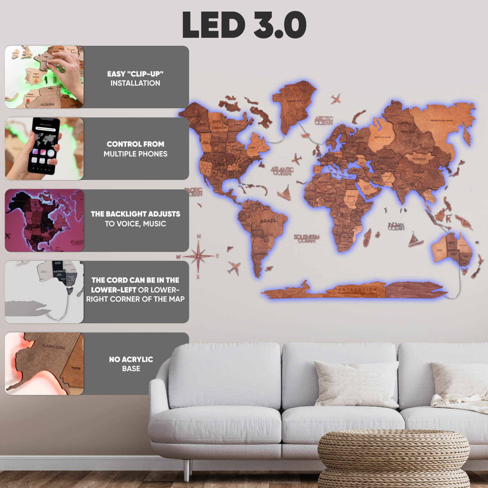 3D LED Wooden World Map 3.0 Oak