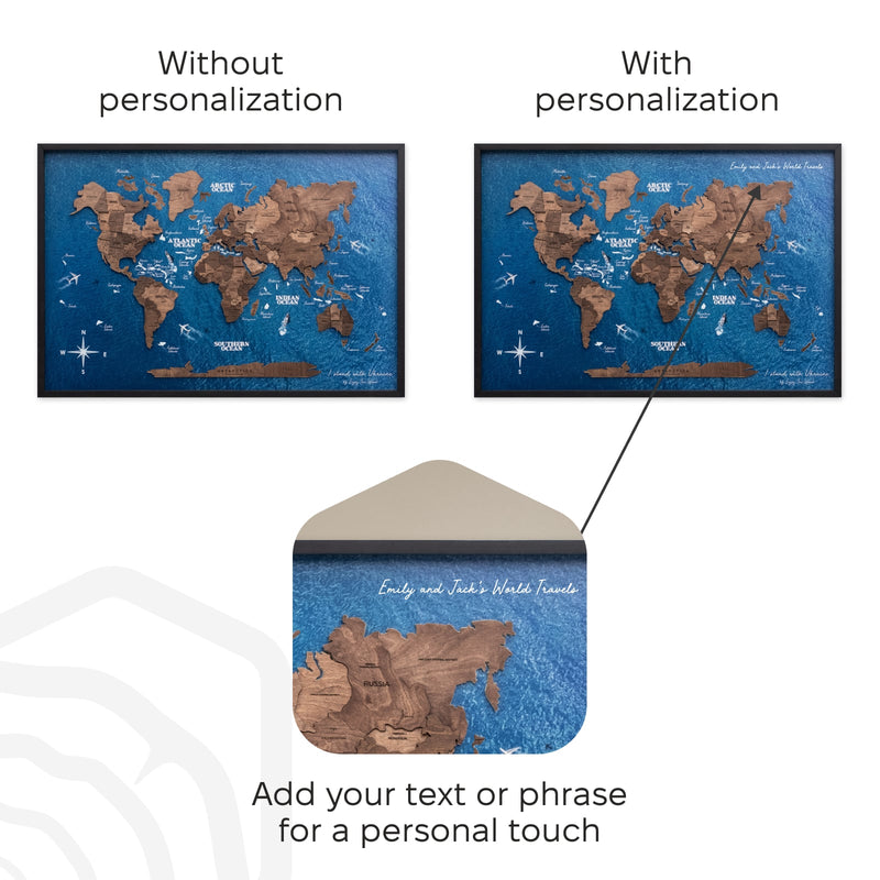 3D Wooden Panel World Map Dark Walnut