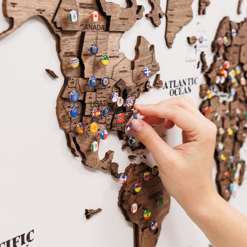 3D Wooden Panel World Map Dark Walnut