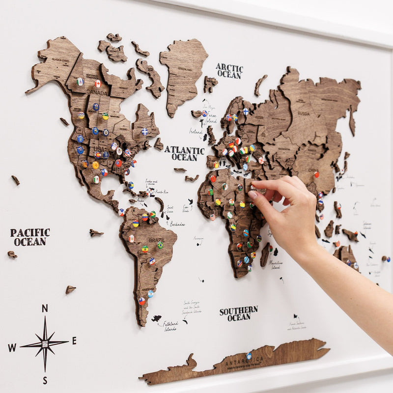 3D Wooden Panel World Map Dark Walnut