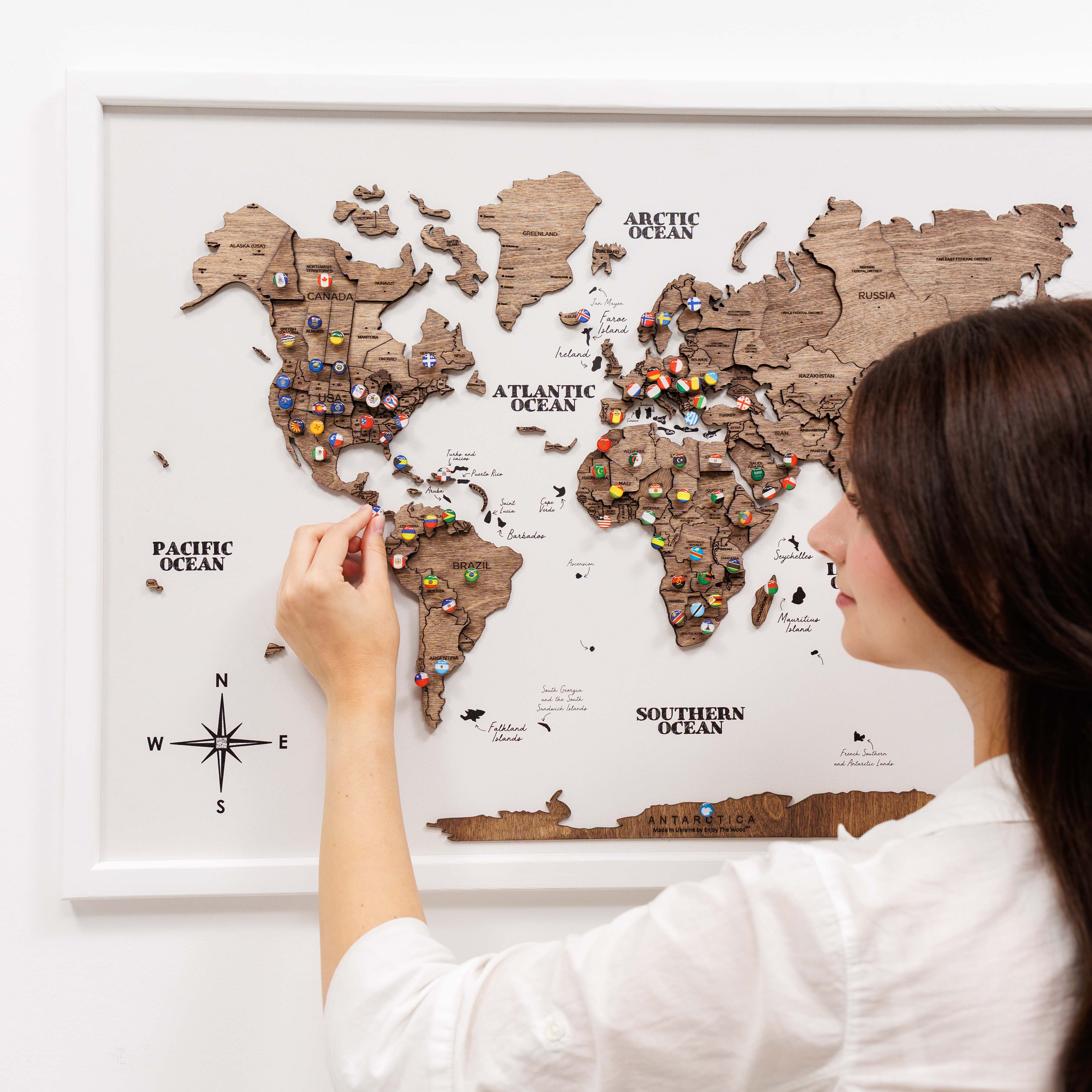 3D Wooden Panel World Map Dark Walnut