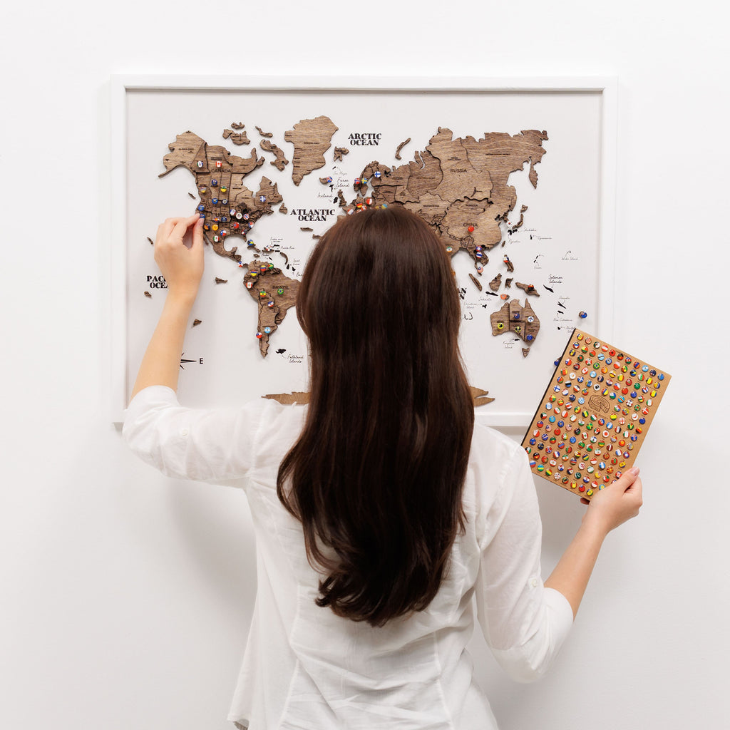 3D Wooden Panel World Map Dark Walnut