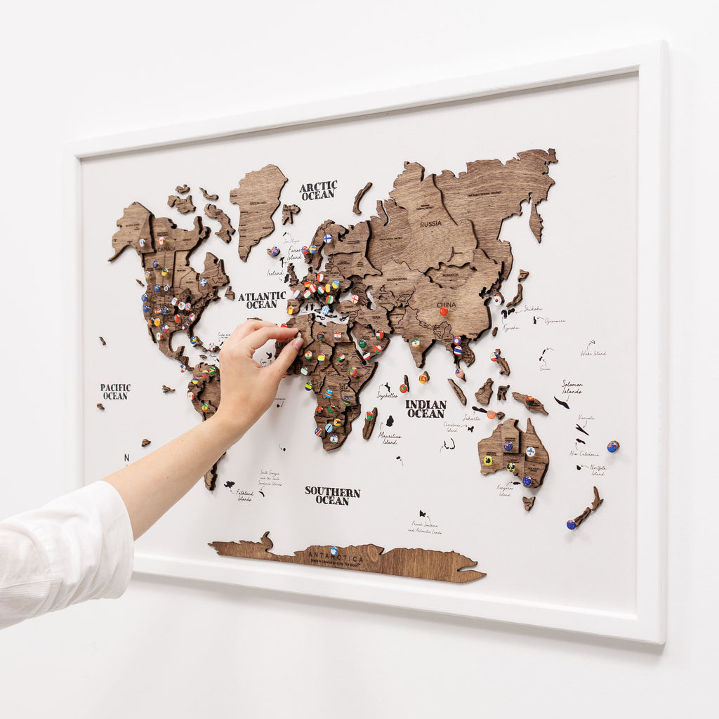 3D Wooden Panel World Map Dark Walnut