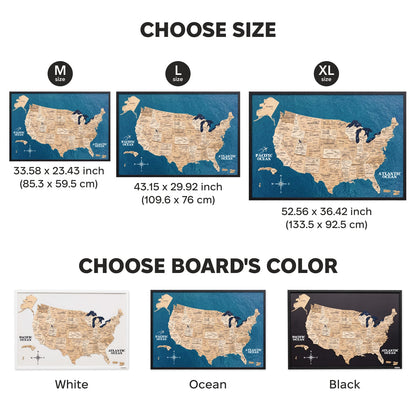 Map of the United States with size and color options displayed.