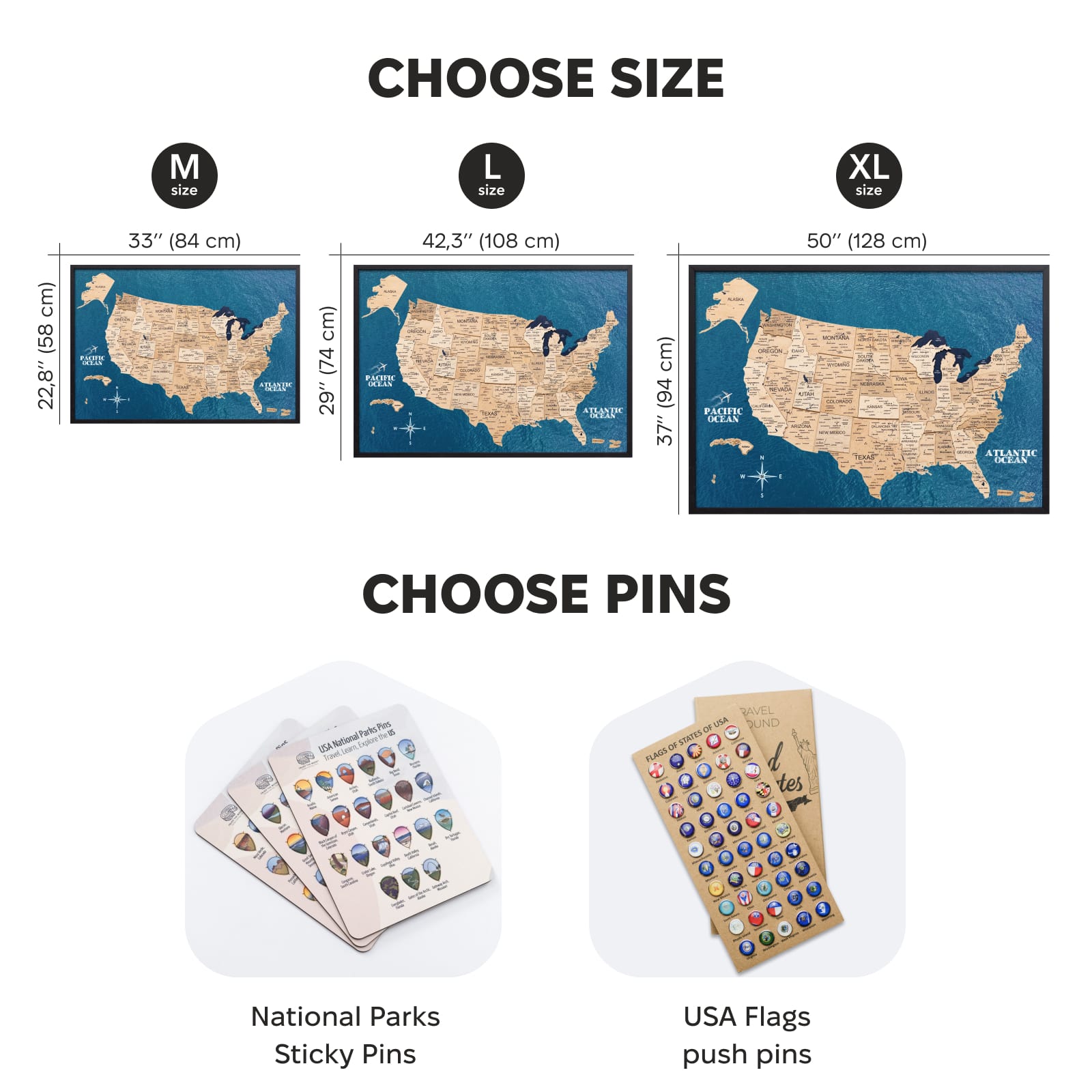 Map of the United States with options to choose size and type of pins for customization.