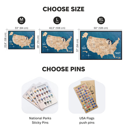 Map of the United States with options to choose size and type of pins for customization.