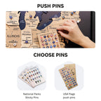 Map of the United States with push pins and a hand placing a pin, accompanied by options for national parks sticky pins and USA flags push pins.