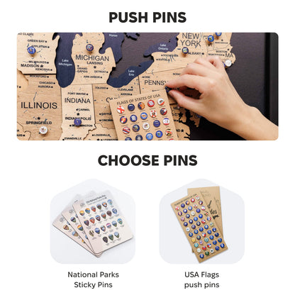 Map of the United States with push pins and a hand placing a pin, accompanied by options for national parks sticky pins and USA flags push pins.