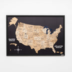 Framed map of the United States with state names on a black background