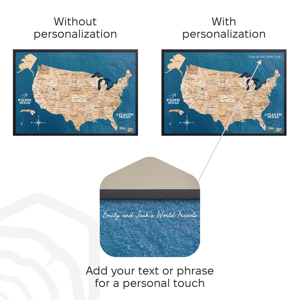 Map of the United States with and without personalization text, featuring a decorative envelope.