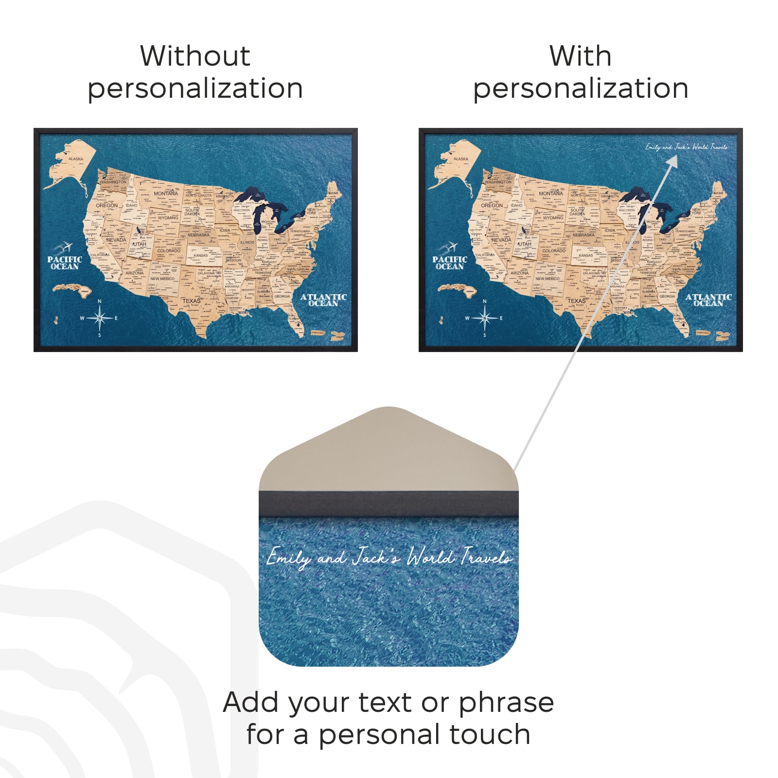 Map of the United States with and without personalization text, featuring a decorative envelope.