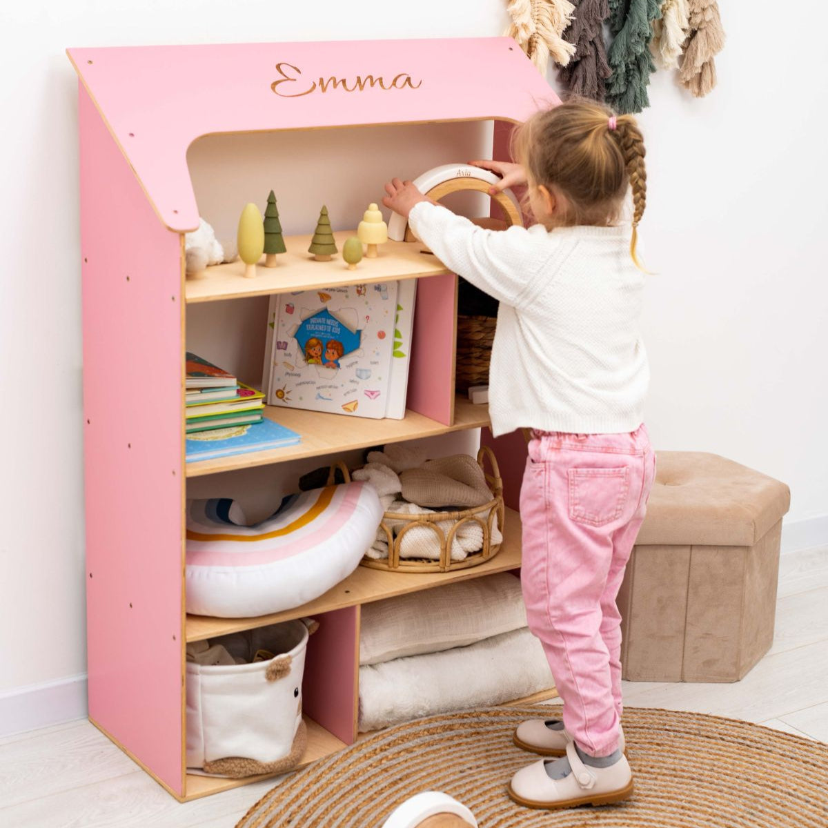 girls bookshelf dollhouse in pink color